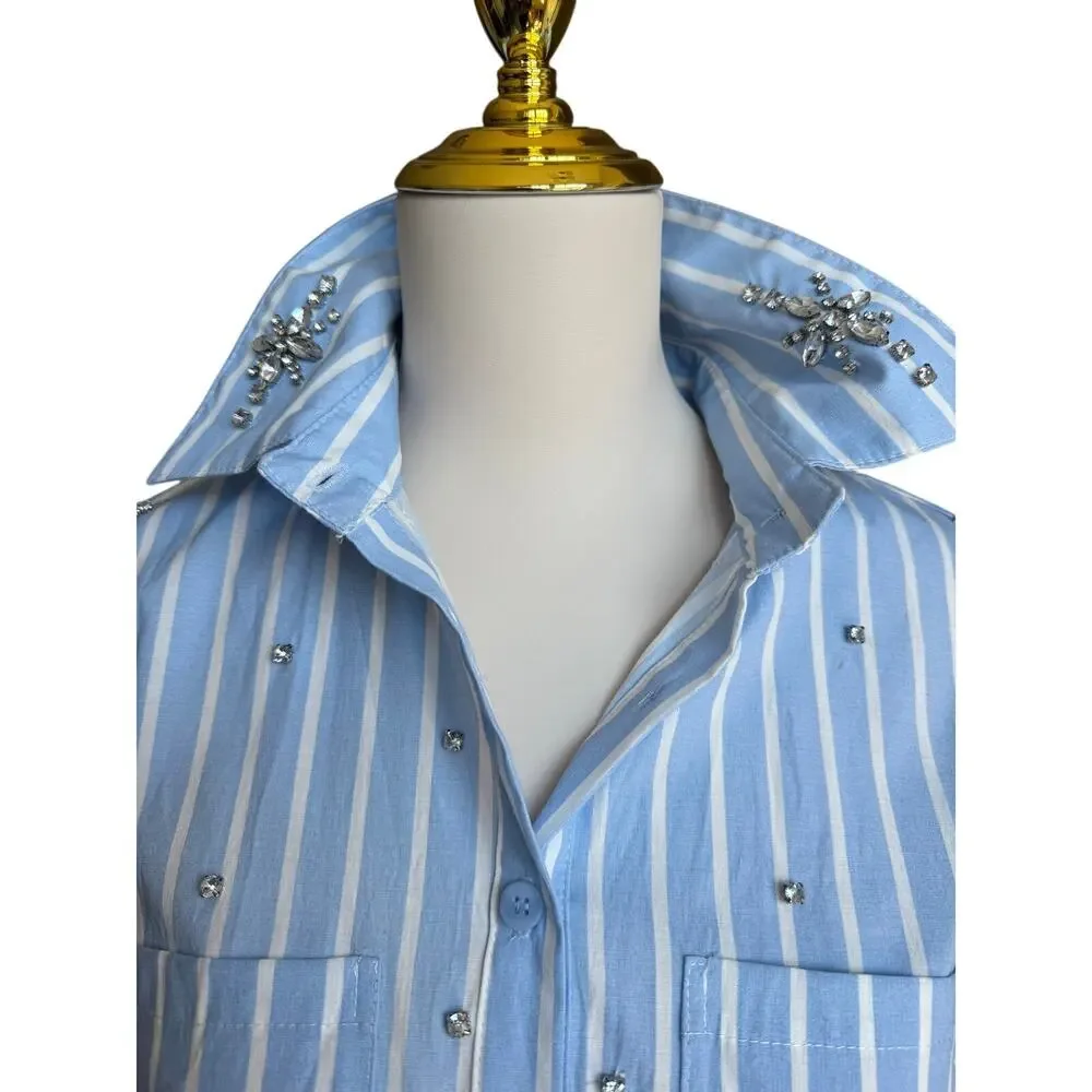 Villa Fashion Blue Stripe Embellished Button Down Shirt Rhinestone Top Medium